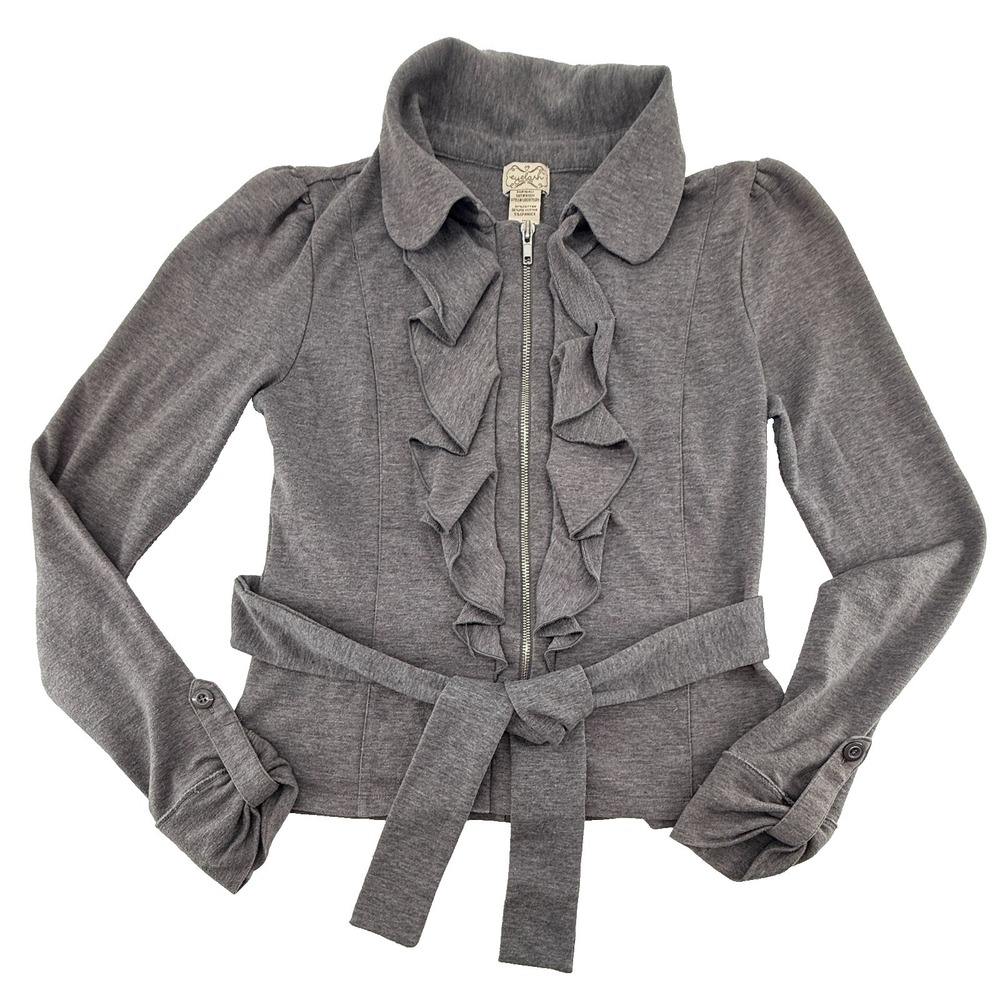 Eyelash Couture Womens M Gray Ruffle Zip Jacket Tie Waist Cardigan
